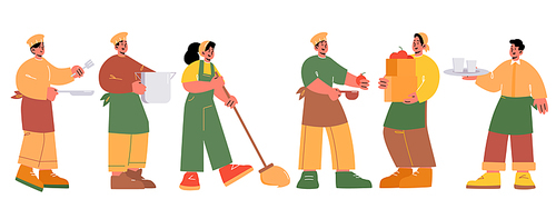 Hospitality and food industry employees, people farmer with harvest in box, janitor with mop, restaurant chef and waiter, cafe team men and women characters in uniform, Line art vector illustration