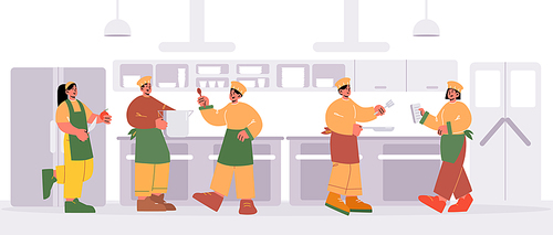 Restaurant chefs cooking on kitchen. Cafe staff characters team wear toques and uniform work together in cafeteria, hospitality service profession men and women Line art people vector illustration