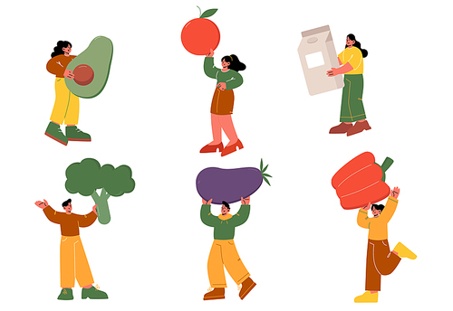 Tiny characters with huge healthy food fruits, vegetables and dairy products. People hold avocado, apple or tomato, broccoli, eggplant and bell pepper, eating balance, Line art vector illustration