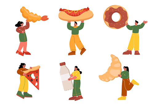Tiny characters with huge fast food, bakery and drink bottle. Isolated people with fried shrimp, hot dog, donut, pizza and croissant. Fastfood festival, barbeque party Line art vector illustration set