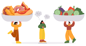Woman choose between healthy and unhealthy food. Tiny characters holding huge plates with fastfood by one side and fresh vegetables or fruits by another side, diet choice, Line art vector illustration
