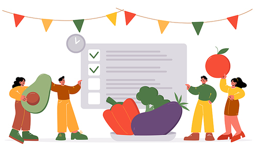 Tiny characters write list of healthy eating products for shopping at huge paper blank. Food balance, organic nutrition ingredients fruits and vegetables for body wellness Line art vector illustration