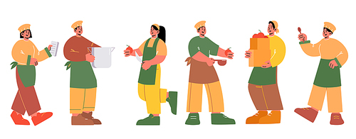 Chef and kitchen workers, restaurant or cafe staff. Vector flat illustration of professional cooks team, women and men in hat and apron with cooker pot, menu, knife, spoon and vegetables