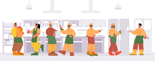 Restaurant kitchen with chef, workers and waiter. Vector flat illustration of cafe or cafeteria cuisine with professional staff, men and women cooks with cooker pot, pan, knife and menu