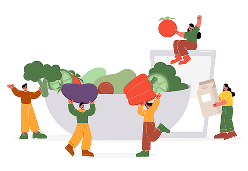 Healthy food concept with people carry vegetables to bowl. Vector flat illustration of men and women with organic local products, big fresh tomato, broccoli, eggplant, milk box and glass