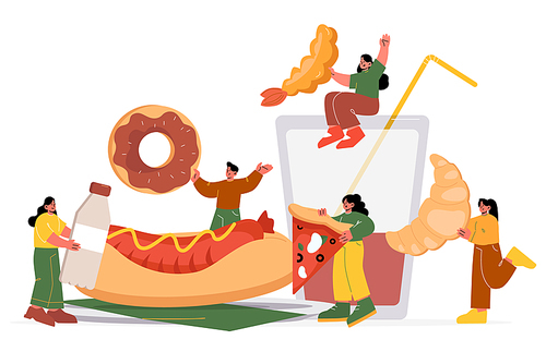 Fast food, unhealthy junk meal concept. Vector flat illustration of people holding big donat, pizza, croissant, hot dog, shrimp and glass with cola. Fastfood restaurant background