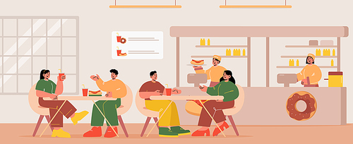 Fast food restaurant with hot dog and cups on tables, sitting people, waitress with tray and cashiers at counter. Vector flat illustration of cafe interior with men and women eat and talk