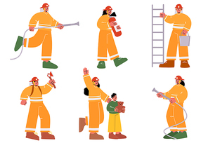 Set of fire fighters male and female characters in uniform holding ladder, water hose, buckets and axe. Group of firemen team working, fighting with blaze, save kid. Linear people vector illustration
