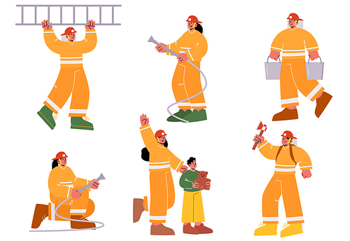 Set of fire fighters male and female characters in uniform holding ladder, water hose, buckets and axe. Group of firemen team working, fighting with blaze, save kid. Linear people vector illustration