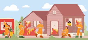 Group of firemen fighting with fire at burning house. Characters team in firefighters uniform extinguish big blaze, carry ladder and buckets spraying water with hose, Line art vector illustration