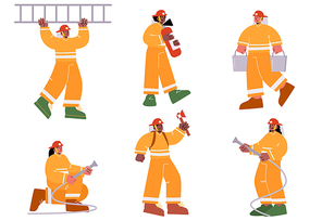 Firemen brigade with extinguisher, water hose, ladder, ax and buckets. Vector flat illustration of group of men and women professional firefighters in helmet and safety costume