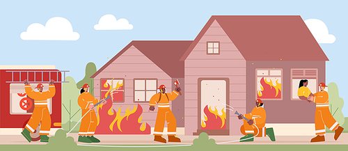 Firemen extinguish ignition and rescue girl from burning house. Vector cartoon illustration of firefighters brigade put out flame in building with hose water