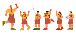 Scout boys or girls with counselor at summer camp. Kids rangers group wear uniform and camping equipment. Children with tent, fishing rod, flashlight and map Isolated line art flat vector illustration