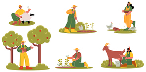 People doing farming and gardening works. Characters feeding poultry, milking goat, shearing sheep, planting and harvesting. Farmers working with cattle on livestock, Line art flat vector illustration