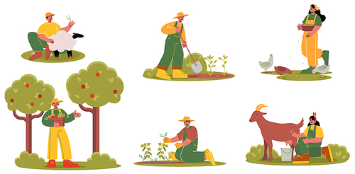 People doing farming and gardening works. Characters feeding poultry, milking goat, shearing sheep, planting and harvesting. Farmers working with cattle on livestock, Line art flat vector illustration