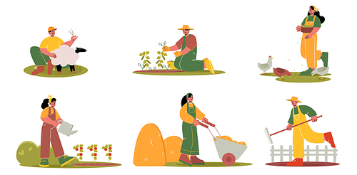 People work on agriculture farm and garden. Vector flat illustration of farmers family, rural workers shearing sheep, watering vegetables, feed hen, growing plants, with wheelbarrow and rake