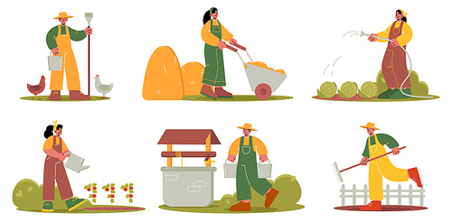 Farmers work on agriculture field and garden. Vector flat illustration of village people, rural workers watering vegetables, feed hen, with wheelbarrow, hay, buckets and rake