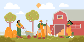 Farmers working on farm with barn, characters gardening, care of plants, watering, collecting hay and feeding poultry. Agriculture and livestock industry, eco production, Line flat vector illustration