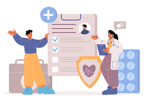 Health insurance medical concept with tiny doctor and patient characters stand at huge policy contract with medicine services check list and shield in hospital or clinic, Line art vector illustration