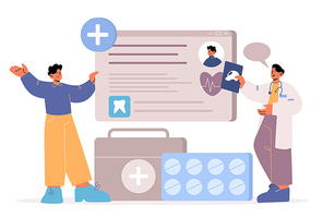 EHR technology. Electronic medical record concept. Patient and doctor characters on online examination, discussion of test results,healthcare service cartoon flat vector illustration