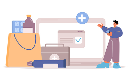 Telemedicine and online pharmacy concept. Electronic health record and digital medical prescription flat cartoon vector illustration. Patient buys pills using mobile phone near big laptop screen