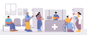 Patients characters waiting doctor appointment in hospital hallway with reception desk. Sick people sitting in clinic corridor, Health care and medicine service concept, Line art vector illustration