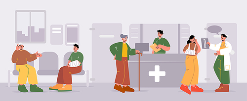People in clinic hall, characters waiting in queue for medical appointment, senior lady at hospital reception talk with medical staff. Doctor chat with injured patient, Line art vector illustration