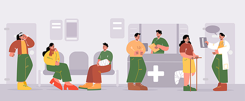 Sick people waiting in hospital hall. Characters with flu, injury, and stomach ache in queue. Vector cartoon illustration of medical clinic reception interior with doctor and patients
