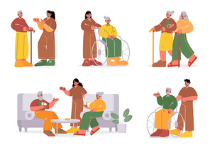 Old people and care workers in nursing home. Vector cartoon illustration of nurse help elder person in wheelchair, talk with senior adult man with walking cane