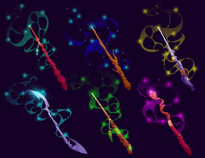 Magic wands, wizard or witch sticks with glowing colorful haze and sparkle trails, magician rods, cartoon elements for Rpg fantasy game, witch assets, fairytale staff or weapon vector illustration set