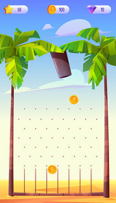 Mobile game app background, application vertical interface with cartoon vector level and score. Ui or Gui arcade with cannon gun shooting with golden coins from palm trees aiming to separated slots