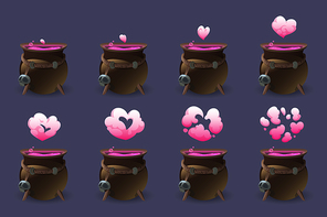 Cauldron with love potion motion sequence animation. Pink heart cloud of magic elixir appear from witch pot and then pass away. Ui design element for game, wizard poison isolated Cartoon vector set