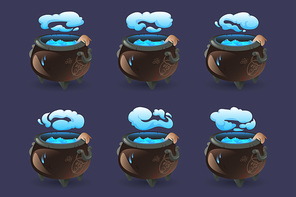 Witch cauldron with blue boiling magic potion, hand and smoke. Old cooking boiler with drawn scary devil face, brew and steam. Vector cartoon sprite sheet for animation