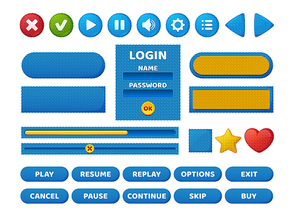 Set game menu elements textile woven texture. Cartoon user setting login or password panel, buttons, options, progress bars ui design interface. Pause, sound and arrow, flash, star keys, Vector icons