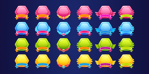 set of glossy award badges, ranking game level ui icons. empty hexagon colorful shields with banners, wings or laurel wreaths, isolated bonus or rank s pink, blue, gold, green vector elements set