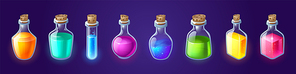 Bottles with magic potion, alchemy elixir or poison. Vector cartoon set of glass jars, vials and flasks with corks and different color liquid potions isolated on blue background