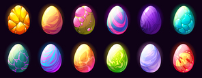 fantasy eggs of dragon, dinosaur, alien monster, or magic creature isolated on  . vector cartoon set of fairy tale eggs with different texture for ui game design