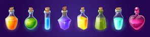 Potion bottles with magic elixir, cartoon glass flasks with colorful glowing liquid and corkwood plugs. Witch poison gui or ui game assets, alchemist apothecary vials, Vector illustration, icons set