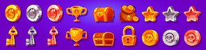 Game icons cartoon coins of gold, silver and bronze with skull or dollar. Golden trophy cup, rate stars, treasure chest, padlock and money sack. Award medals for user experience Vector gui graphic set