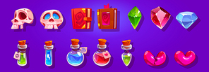 Game icons with magic books, potions, hearts, gems, and skulls. Vector cartoon set of mobile game assets, symbols of bottles with poison, broken heart and crystals