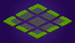 Isometric ground tiles game texture, paving stones with lawn grass. User interface elements for landscaping and world creation. Garden or farm isolated square landscape blocks, 3d Vector illustration