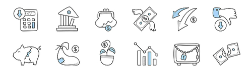 Financial crisis icons. Concept of decrease economy, bankruptcy, poverty. Vector doodle signs with broken piggy bank, cut money, down graph, destroyed bank and safe with lock