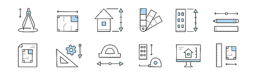 Set architect doodle icons, building project, compass, architecture flat blueprint layout, house plan, color palette, protractor, pencil, measuring instruments, pc desktop Line art vector illustration