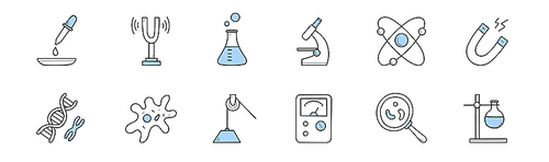 Set of science doodle icons, chemical laboratory equipment and scientific physics tools. Pipette, beaker, lab microscope, dna, microorganism cells, magnifying glass, meter Line art vector illustration