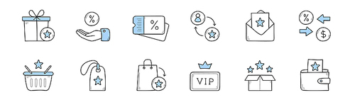 Set of loyalty program doodle icons gift box, hand with percent sign, sale coupon or tag, envelope, shopping basket and bag, vip client card, stars in box and wallet, Line art vector illustration