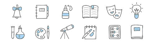 Set of school, science and education doodle icons. Bell, globe, notebook, glue, theatrical mask and chemical beakers, paints, palette, telescope, textbook and abacus Line art vector illustration