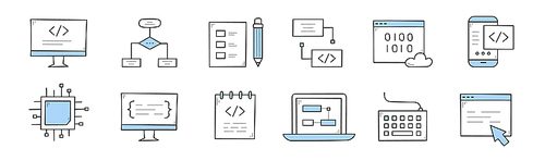 Coding and programming doodle icons set. Computer with code on screen, algorithm scheme, mobile phone, microcircuit chip, laptop, keyboard, desktop with arrow pointer, Line art vector illustration