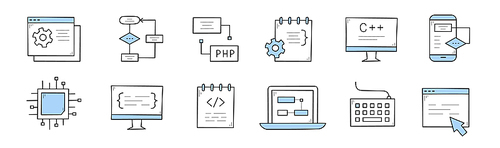 Coding and programming doodle icons set. Computer with code on screen, algorithm scheme, mobile phone, microcircuit chip, laptop, keyboard, desktop with arrow pointer. Line art vector illustration