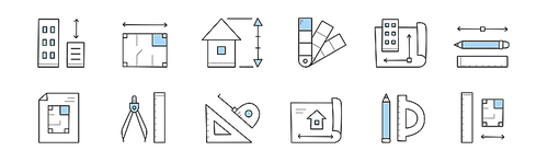 Architecture icons with house project blueprint, building construction plan, measure tools. Vector hand drawn set of architect equipment, engineering draft, drawing compass and home scheme