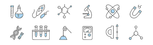 Icons of science, laboratory test, research in chemistry, biology, physics, medicine. Vector hand drawn symbols set of scientific lab equipment, microscope, chemical tubes, DNA molecule, atom